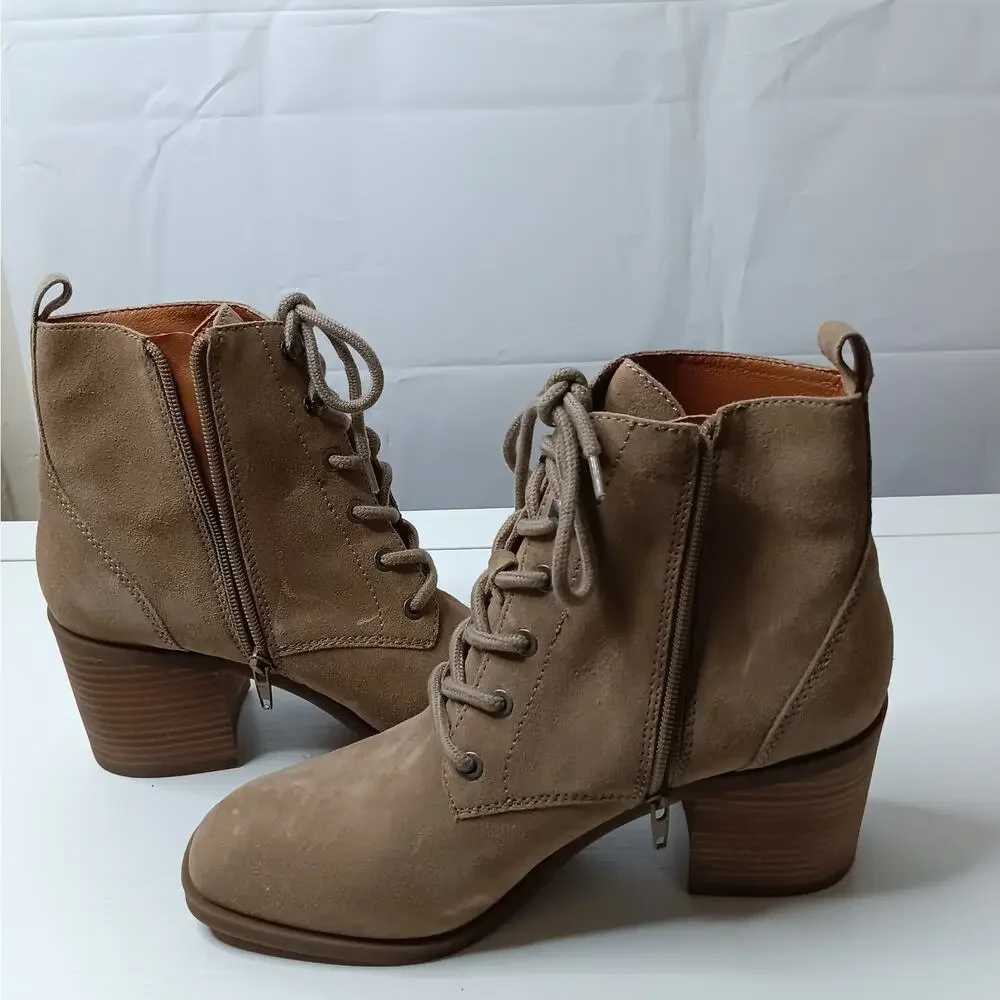 Lucky Brand Wadil Stone Taupe‎ Suede Leather Lace up Combat Ankle Boots Booties